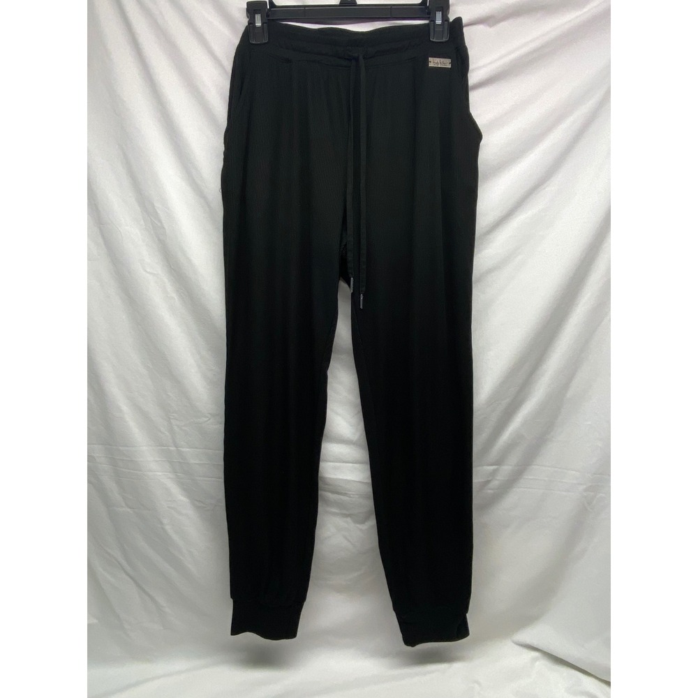 Nicole Miller New York Womens Black Ribbed Knit Joggers Drawstring Pants Large